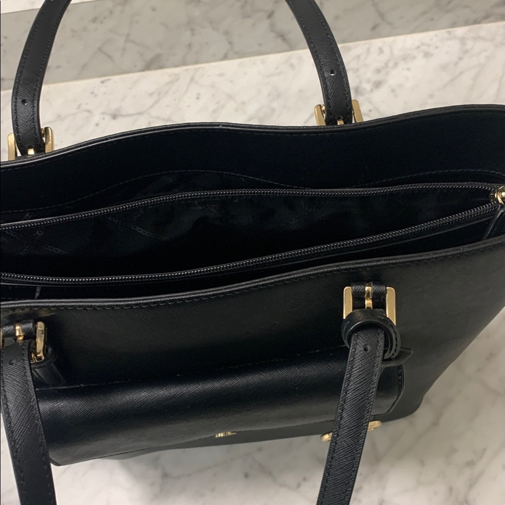 Michael Kors Black Leather Tote with Front Flap Pocket and MK Charm NWOT Zip Top - Picture 7 of 9